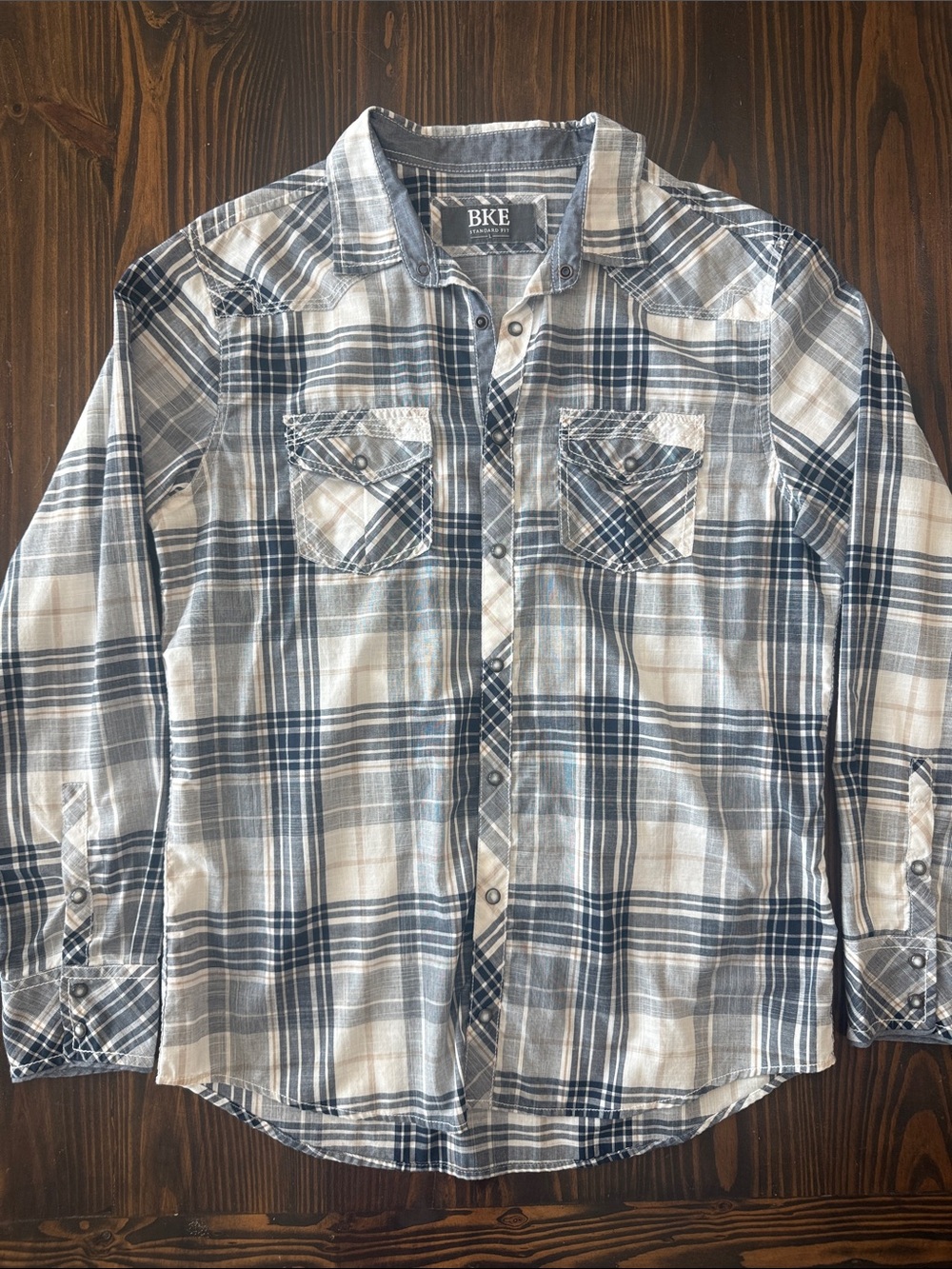 BKE Men's Navy and White Plaid Long-Sleeve Button-Down Shirt Size Large